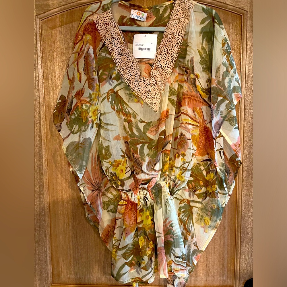 BRAND NEW Sol & Mer Swim Coverup Tunic Midi Brown Leaf Print  Beach One Size